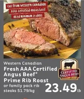 IGA Western Canadian Fresh AAA Certified Angus Beef Prime Rib Roast or family pack rib steaks 51.79/kg offer