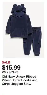 Old Navy Old navy unisex ribbed velour critter hoodie and cargo joggers set for baby offer