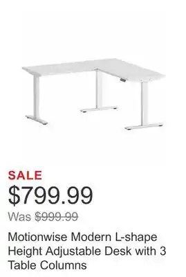 Costco Motionwise modern l-shape height adjustable desk with 3 table columns offer