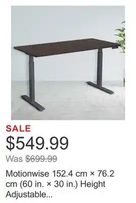 Costco Motionwise 152.4 cm × 76.2 cm (60 in. × 30 in.) height adjustable standing desk offer