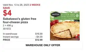 Costco Sabatasso's gluten free four-cheese pizza offer