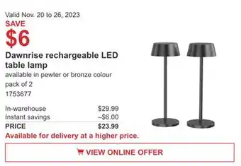 Costco Dawnrise rechargeable led table lamp offer