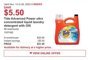 Costco Tide advanced power ultra concentrated liquid laundry detergent with oxi offer