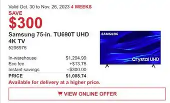 Costco Samsung 75-in. tu690t uhd 4k tv offer