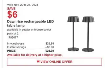 Costco Dawnrise rechargeable led table lamp offer