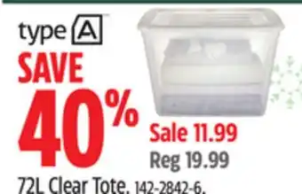 Canadian Tire Type a 72l clear tote offer