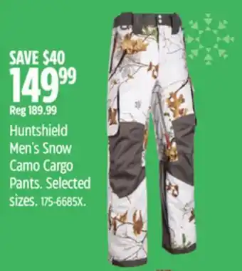 Canadian Tire Huntshield men's snow camo cargo pants offer