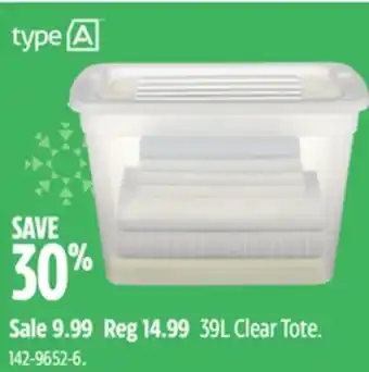 Canadian Tire Type a 39l clear tote offer