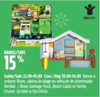 Canadian Tire Bluey garbage truck, beach cabin or family cruiser offer
