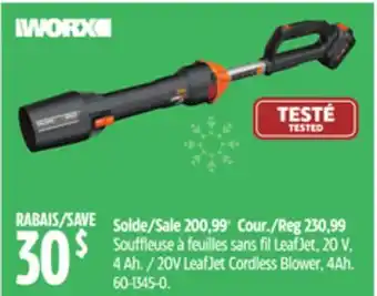 Canadian Tire Worx 20v leafjet cordless blower, 4ah offer