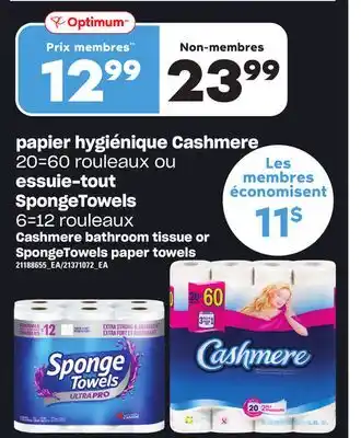 Provigo Papier hygiénique cashmere, 20=60 rouleaux ou essuie-tout spongetowels, 6=12 rouleaux offer