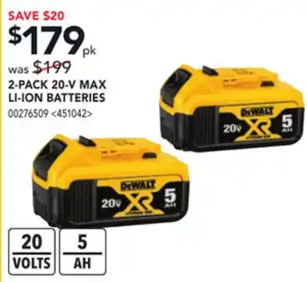 Lowe's Dewalt 2-pack 20-v max li-ion batteries offer