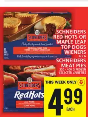 Food Basics Schneiders red hots or maple leaf top dogs wieners or schneiders meat pies offer
