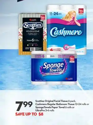 Longo's Scotties original facial tissue 6 pack, cashmere regular bathroom tissue 12 = 24 rolls or spongetowels paper towel 6 rolls or offer