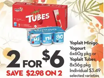 Longo's Yoplait minigo yogourt 6x60g pkg or yoplait tubes 8x56g pkg offer