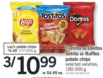 Fortinos Tostitos or doritos tortilla or ruffles potato chips, 180-300 g offer
