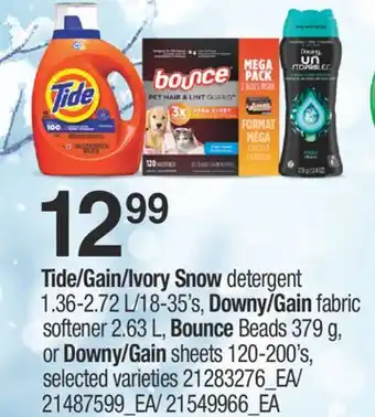 Fortinos Tide/gain/ivory snow detergent 1.36-2.72 l/18-35' s, downy/gain fabric softener 2.63 l, bounce beads 379 g, or downy/gain she offer