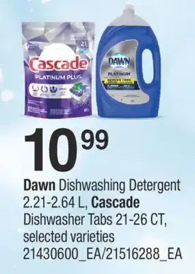 Fortinos Dawn dishwashing detergent 2.21-2.64 l, cascade dishwasher tabs 21-26 ct offer