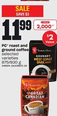 Loblaws Pc roast and ground coffee, 875/930 g offer