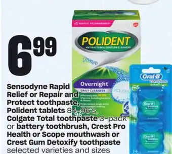 Loblaws Sensodyne rapid relief or repair and protect toothpaste, polident tablets, 84-96's, colgate total toothpaste, 3-pack or batte offer