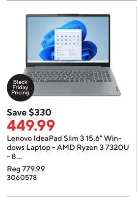 Staples Lenovo ideapad slim 3 15.6 windows laptop - amd ryzen 3 7320u - 8 gb ram - 256 gb ssd - windows 11 home s offer
