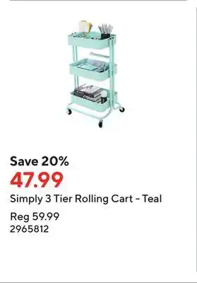 Staples Simply 3 tier rolling cart - teal offer
