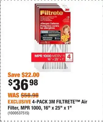 Home Depot Exclusive 4-pack 3m filtrete air filter, mpr 1000, 16 x 25 x 1 offer