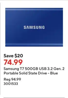 Staples Samsung t7 500gb usb 3.2 gen. 2 portable solid state drive - blue offer
