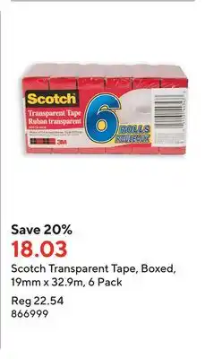 Staples Scotch transparent tape, boxed, 19mm x 32.9m, 6 pack offer