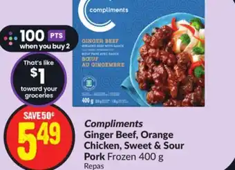 FreshCo Compliments ginger beef ,orange chicken sweet & sour pork frozen 400g offer