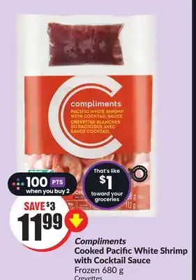 FreshCo Compliments cooked pacific white shrimp with cocktail sauce frozen 680g offer