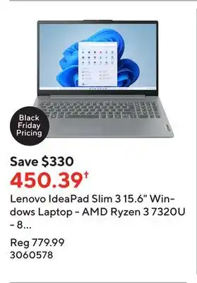Staples Lenovo ideapad slim 3 15.6 windows laptop - amd ryzen 3 7320u - 8 gb ram - 256 gb ssd - windows 11 home s offer
