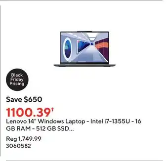Staples Lenovo 14 windows laptop - intel i7-1355u - 16 gb ram - 512 gb ssd - windows 11 home offer