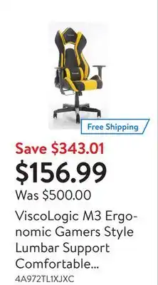 Walmart Viscologic m3 ergonomic gamers style lumbar support comfortable adjustable video gaming chair, home office computer chair, pu offer