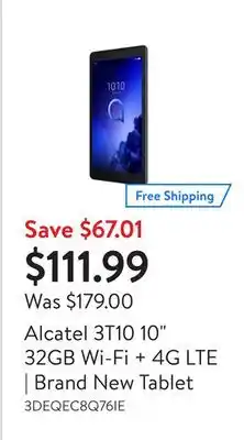Walmart Alcatel 3t10 10 32gb wi-fi + 4g lte | brand new tablet offer
