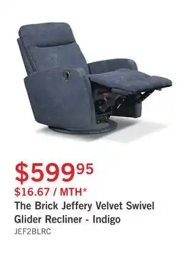 The Brick The brick jeffery velvet swivel glider recliner - indigo offer