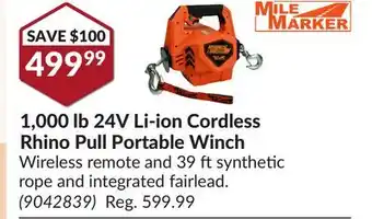 Princess Auto 1,000 lb 24v li-ion cordless rhino pull portable winch offer
