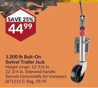 Princess Auto 1,000 lb bolt-on swivel trailer jack offer