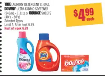 Shoppers Drug Mart Tide laundry detergent (1.09l), downy ultra fabric softener (946ml - 1.31l) or bounce sheets (40's - 80's) offer