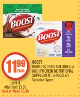 Shoppers Drug Mart Boost diabetic, plus calories or high protein nutritional supplement shakes offer