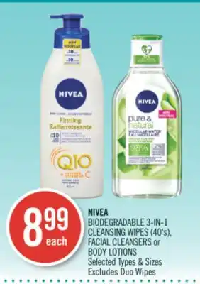 Shoppers Drug Mart Nivea biodegradable 3-in-1 cleansing wipes (40's), facial cleansers or body lotions offer