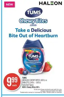 Shoppers Drug Mart Tums antacid chewy bites (60's) or tablets (140's - 160's) offer