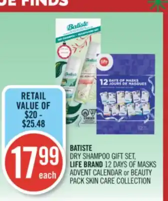 Shoppers Drug Mart Batiste dry shampoo gift set, life brand 12 days of masks advent calendar or beauty pack skin care collection offer