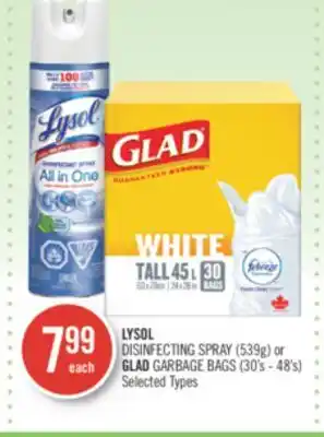 Shoppers Drug Mart Lysol disinfecting spray (539g) or glad garbage bags (30's - 48's) offer