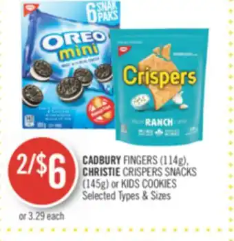 Shoppers Drug Mart Cadbury fingers (114g) christie crispers snacks (145g) or kids cookies offer