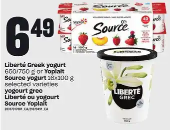Independent City Market Yogourt grec liberté 650/750 g ou yogourt source yoplait 16 x 100 g offer