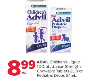 Rexall Advil children's liquid 100ml, junior strength chewable tablets 20' s or pediatric drops 24ml offer