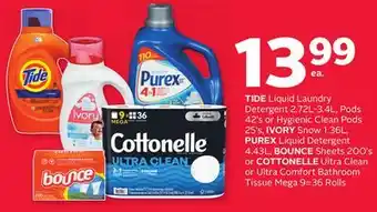 Rexall Tide liquid laundry detergent 2.72l-3.4l, pods 42' s or hygienic clean pods 25' s, ivory snow 1.36l, purex liquid detergent 4 offer