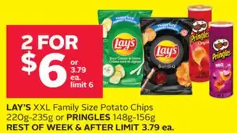 Rexall Lay's xxl family size potato chips 220g-235g or pringles 148g-156g offer