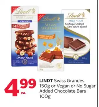 Rexall Lindt swiss grandes 150g or vegan or no sugar added chocolate bars 100g offer